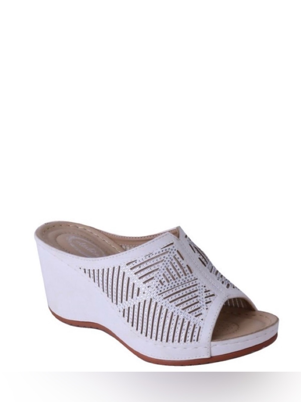 Size 10 Italina White Sequin Stud Embellished Slide-In Mule Comfort Wedge